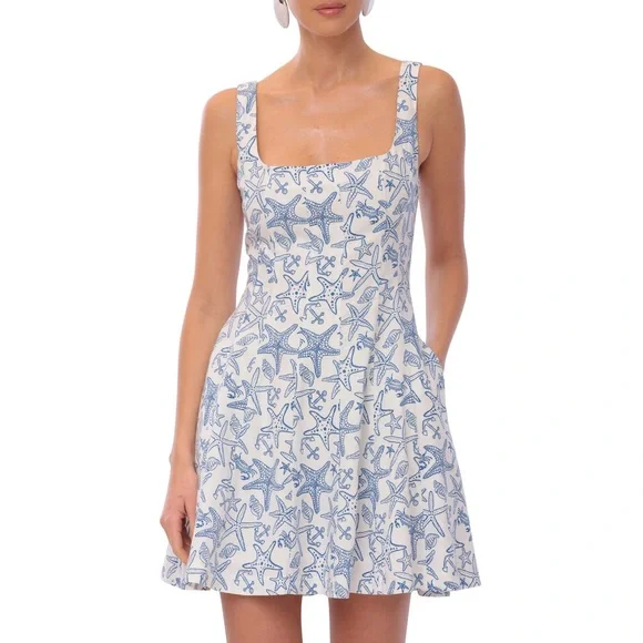 NWT Avec Les Filles Linen Blend Fit Flare Nautical Starfish Anchor Dress Size 2 - Picture 5 of 10